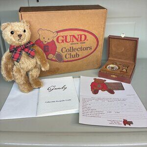 1999 GUND COLLECTORS CLUB KIT WITH MOHAIR BEAR, PIN, & POCKET WATCH